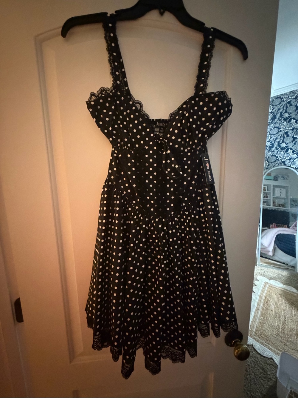 Black Polka Dot Lace-Trim Ladies Dress